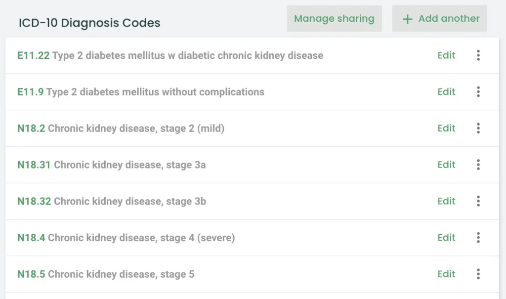 Screenshot of practice better diagnosis codes