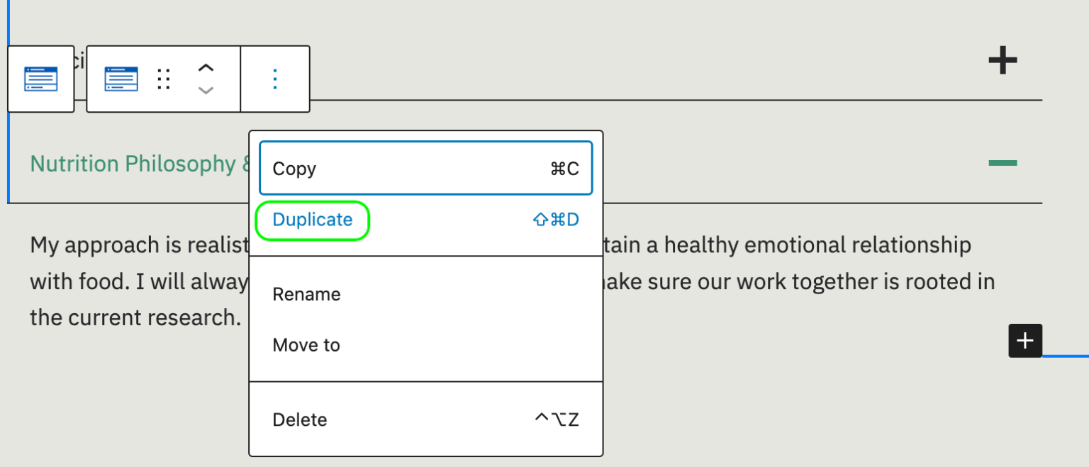 Duplicating an item in the accordion block