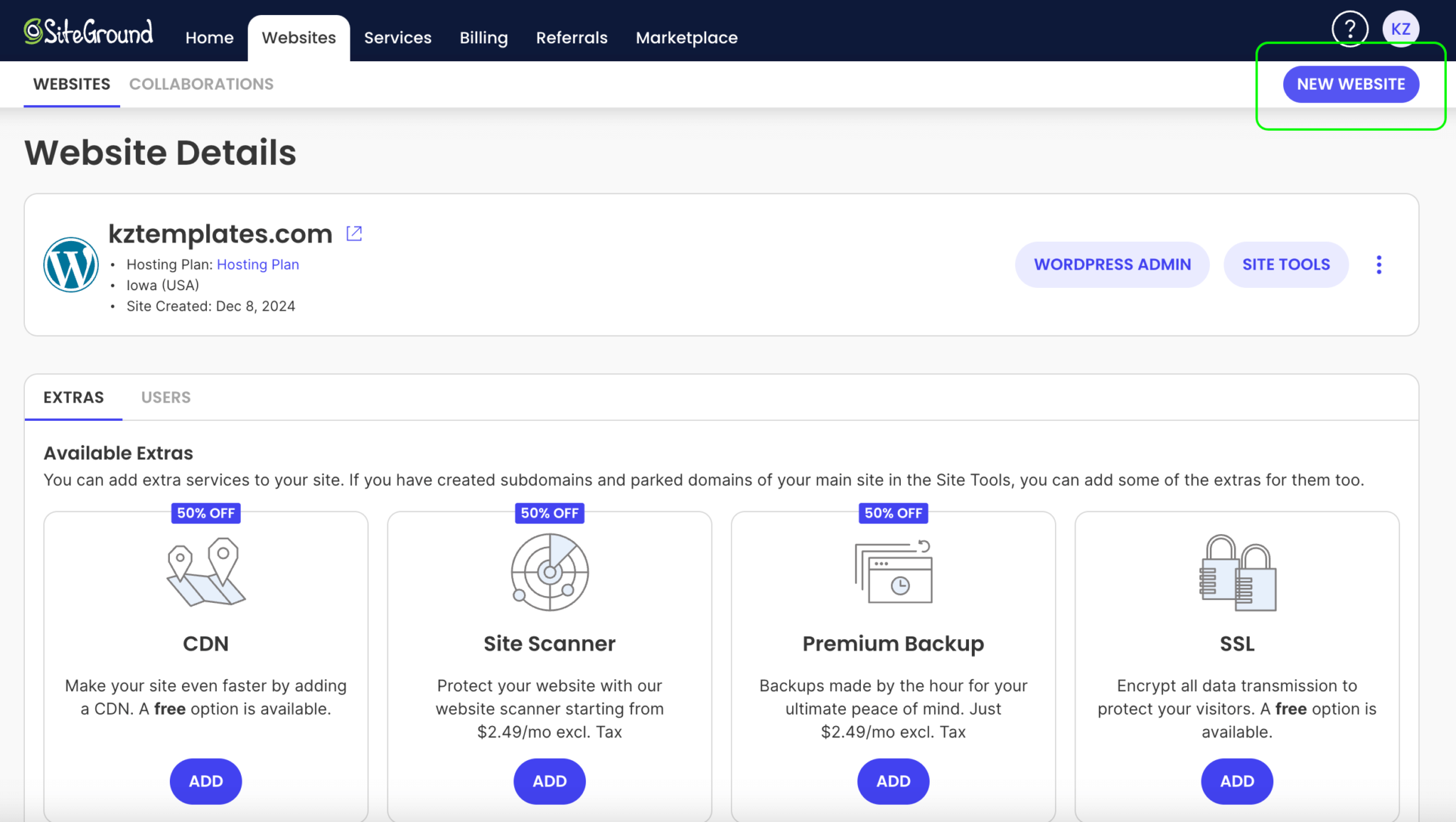 Screenshot of Siteground hosting account